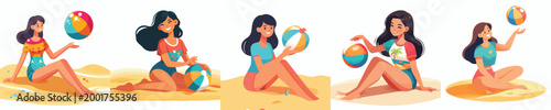 vector of a woman sitting holding beach ball in summer