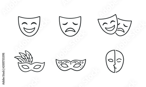 Minimal line art set of theatrical masks showing comedy and tragedy expressions with carnival masquerade and half-face drama icons on white background
