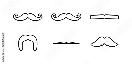 Minimal line art set of moustache styles and facial hair icons arranged in rows, including curled, straight, and thick designs on white background