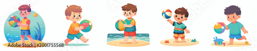 vector of a little boy standing playing beach ball in summer