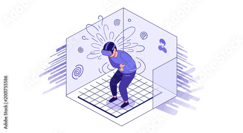 Man experiencing virtual reality, dizzy and overwhelmed in digital world