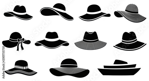 Collection of elegant women's sun hats and a boat silhouette, black and white vector icons.