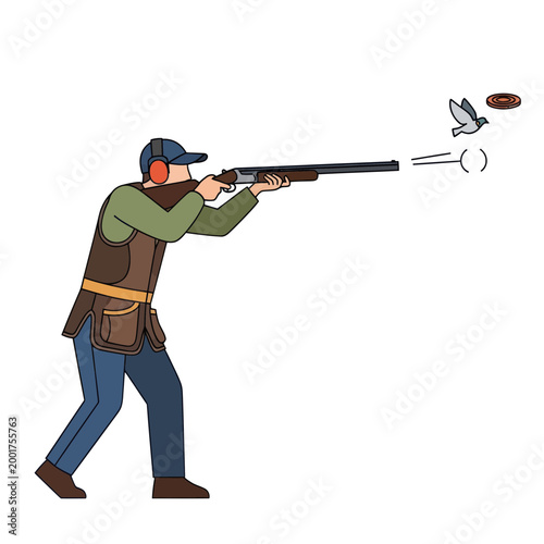 Clay Pigeon Shooting: Man with Shotgun Aims at Flying Target