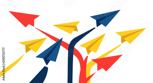 Colorful paper airplanes flying in different directions, creative concept