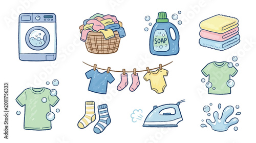 A collection of cartoon illustrations depicting various laundry-related items and activities, including a washing machine, clothes basket, detergent, towels, shirts, socks, clothesline, and an iron.