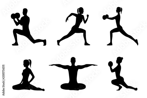 Fitness silhouettes people exercising with weights and yoga