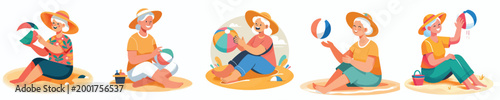 vector of a grandma sitting holding beach ball in summer