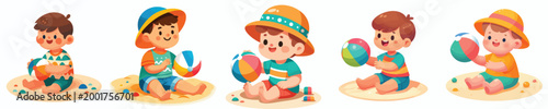 vector of a little boy sitting holding beach ball in summer