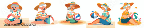 vector of a grandma sitting holding beach ball in summer