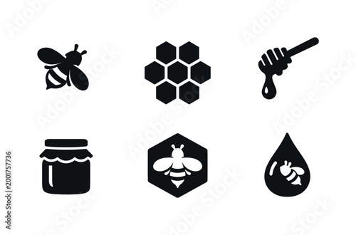 Set of beekeeping and honey icons featuring bee, honeycomb cells, dipper with dripping honey, jar, beehive emblem, and nectar drop silhouette symbols