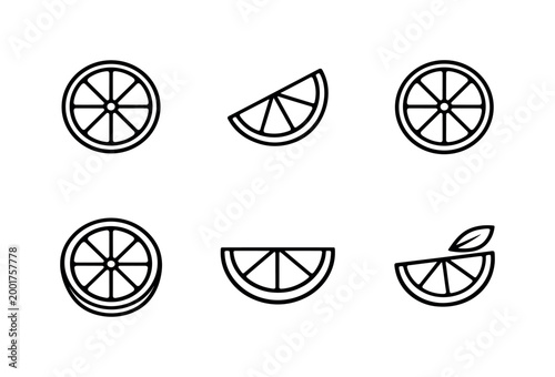 Minimal black line citrus fruit icons set showing round slices and wedges, simple outline vector style for food labels, menus, and packaging design
