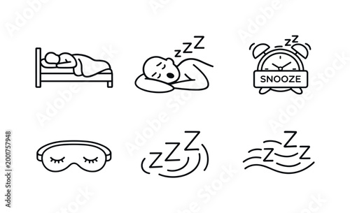 Sleep and rest line icons set featuring bed, sleeping person, snooze alarm clock, eye mask, and snoring symbols for bedtime and relaxation concepts