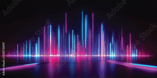Vibrant abstract digital sound wave visualization with pulsing neon lights in blue and pink hues reflected on a glossy surface