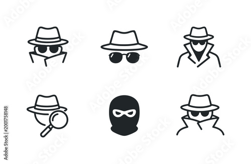 Set of spy and detective silhouette icons with hats, sunglasses, trench coats, magnifying glass, and masked burglar face in black outline