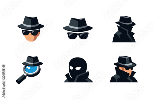 Set of detective and spy avatar icons with fedora hats, sunglasses, trench coats, magnifying glass, and masked agent silhouettes on white