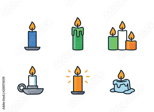 Minimal vector set of burning candles in different shapes and holders, including single pillar, grouped candles, teacup holder, and melting wax illustration