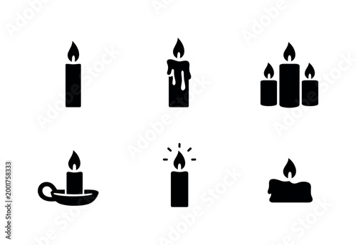 Minimal black silhouette set of burning candles, including single candle, dripping wax pillar, grouped candles, candleholder, glowing flame, and melted wax