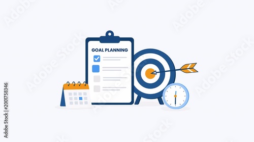 Flat design animation of goal planning with checklist target board calendar and clock representing strategy planning deadline management and business success concept isolated with alpha channel transp