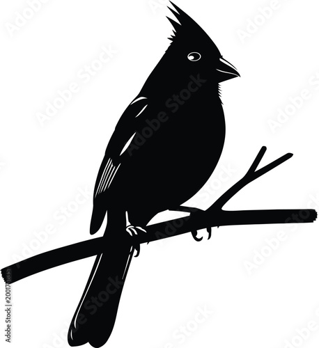 Black silhouette of a cardinal perched on a branch minimalist design