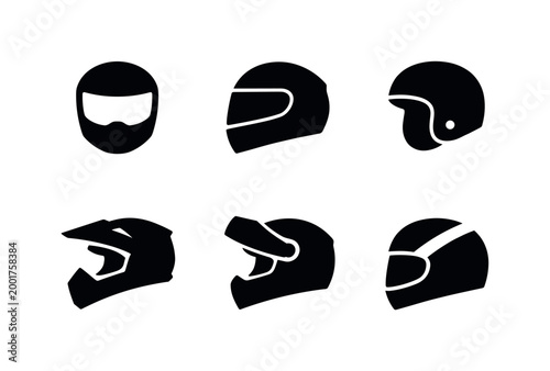 Set of black motorcycle helmet silhouette icons showing full-face, open-face, and off-road designs in side view and front view on white