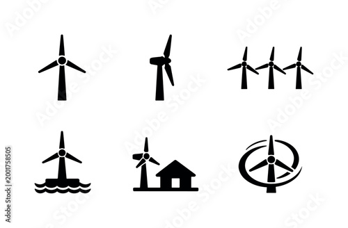 Set of black wind turbine icons showing single turbine, wind farm group, offshore installation, turbine with house, and circular rotor symbol on white background