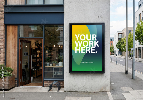 Vertical city poster billboard Mockup on storefront