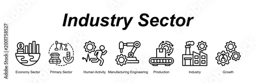Industry Sector web banner icon concept for with icon of Economy Sector, Primary Sector, Human Activity, Manufacturing Engineering, Production, Industry, Growth.