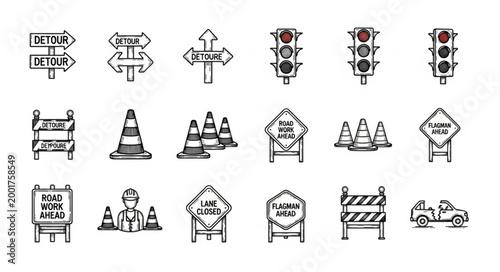 Collection of hand-drawn traffic and road construction signs and symbols.