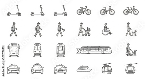 Collection of hand-drawn transportation icons and symbols.