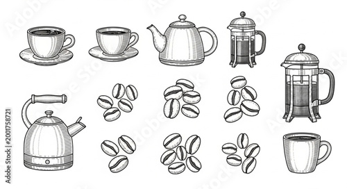 Collection of hand-drawn coffee and tea brewing equipment and beans.