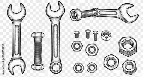 Collection of Hand Drawn Wrenches Bolts and Nuts Illustration.