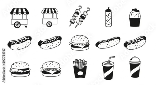 Collection of hand-drawn fast food icons and illustrations.