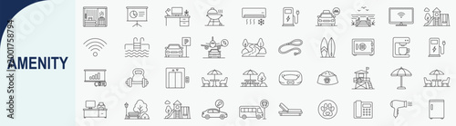 Schilderij op canvas Hotel and resort amenities icon set in thin line style