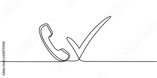 Black line of telephone handset with checkmark line black line in white background