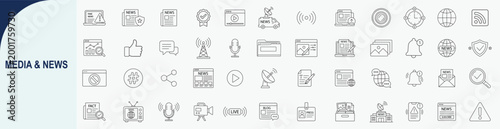 Photos Media and news line icons set, collection of broadcast and journalism symbols