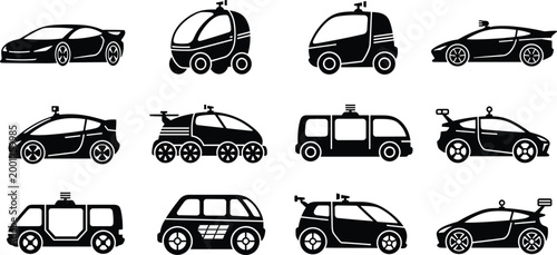 Autonomous vehicle silhouettes, futuristic car icons, self driving technology, robotic transport pods, electric innovation designs, smart mobility future