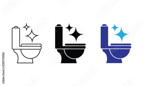 Toilet Cleaning Icon Set – Bathroom Sanitation, Hygiene, Washroom Outline, Glyph and Color Vector Icons