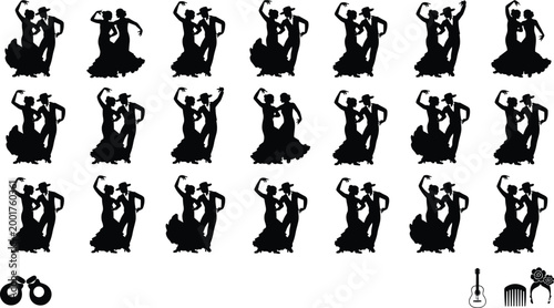 Flamenco dancer silhouettes, Spanish cultural icons, traditional attire castanets guitar rose hair comb music performance