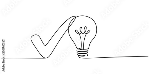 Single line of a check mark and a light bulb idea success solution