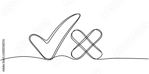 Single line of a check mark and cross symbol on a white background x mark yes no correct incorrect