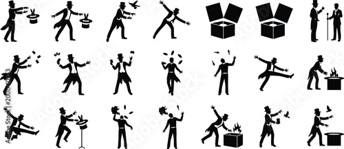 Magician performance silhouettes, magic tricks icons, rabbit dove hat juggling wands props stage illusion entertainment