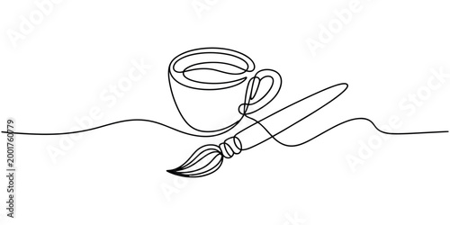 Single line of a coffee cup and brush single line continuous line minimalist black and white