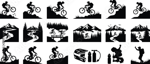 Mountain biking silhouettes, outdoor adventure icons, cyclists riding landscapes, sports equipment helmet water bottles pump hiking exploration