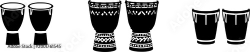 A pair of black ceramic bongo drums with a glossy finish sit side by side against a stark white background, exuding an air of musical elegance and simplicity