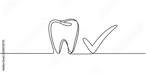 Single Line of a Tooth with a Check Mark Symbol dental in white background