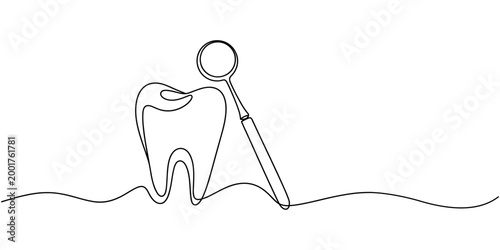 Single line of a tooth and dental mirror on wavy ground dentistry oral hygiene checkup