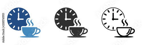 Coffee Break Icon in Flat Style with Hot Drink Cup and Clock, Tea or Coffee Time Concept Vector Illustration, Isolated on White Background, Breakfast Business Moment with Steaming Cup