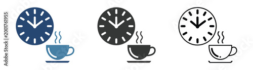 Coffee Break Icon in Flat Style with Hot Drink Cup and Clock, Tea or Coffee Time Concept Vector Illustration, Isolated on White Background, Breakfast Business Moment with Steaming Cup
