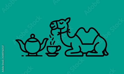 Line art camel with tea, kettle and cup on a turquoise backdrop, beverage