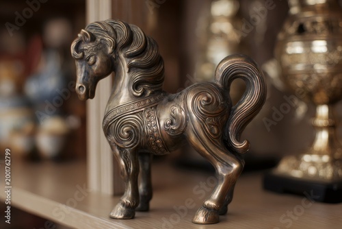 Ornate bronze horse figurine with intricate patterns, standing on a light wooden shelf, symbolizing wealth and good fortune